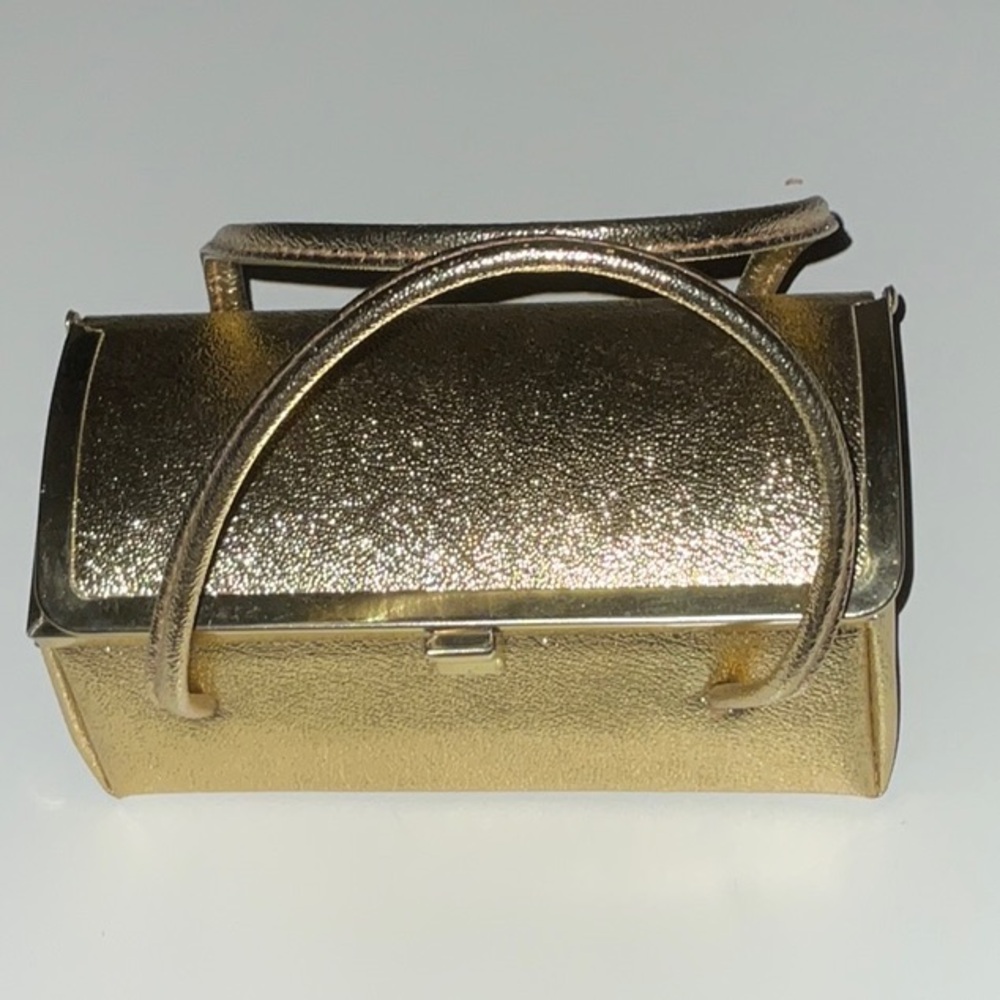 Gold Tone Lame’ Exterior Handbag Double Handle Vintage Black Interior 60s Small - Picture 3 of 13